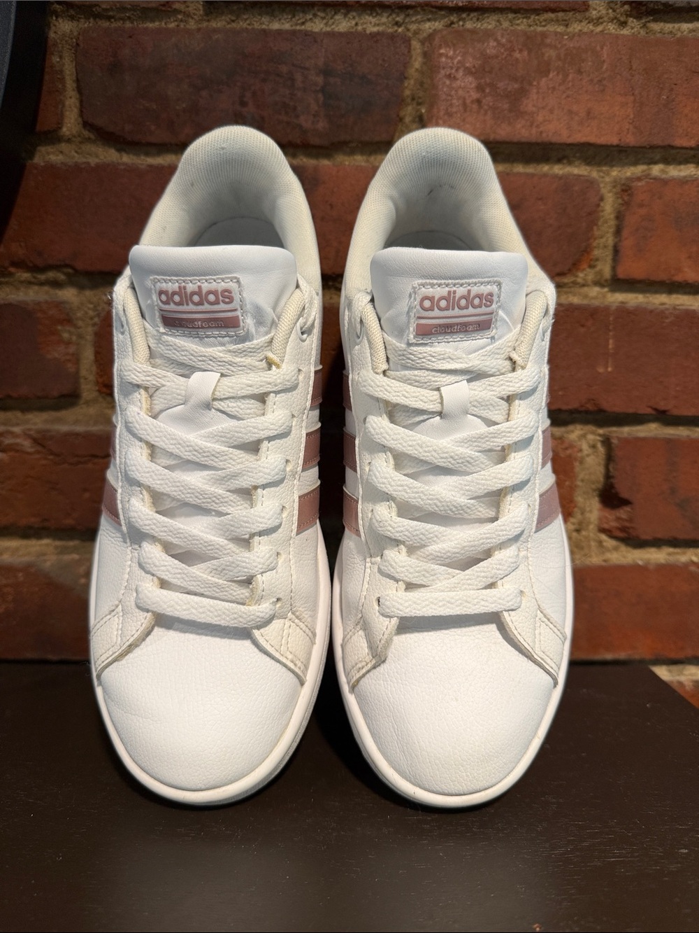 adidas White Sneakers with Rose Metallic Stripes